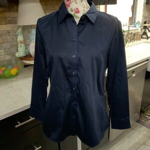 Banana Republic Blouse Womens 14 Petite Tailored Fit Navy Button Front Shirt
